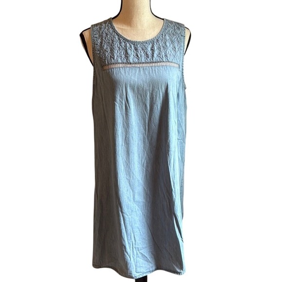 LOFT Sleeveless Denim Blue Midi A Line Dress with Lace Detail 100% Cotton Medium - Picture 1 of 3